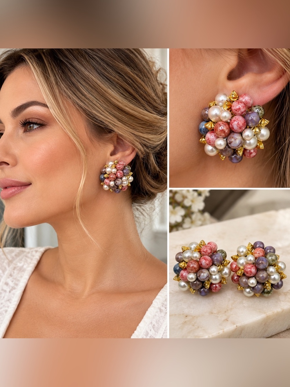 Vintage Hong Kong Statement Cluster Clip-On Earrings Faux Pearl Beaded